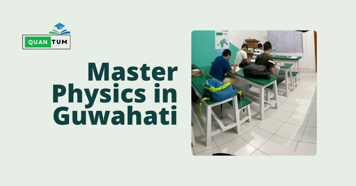 A teacher explaining complex physics concepts to a small group of students at Quantum Education Guwahati.