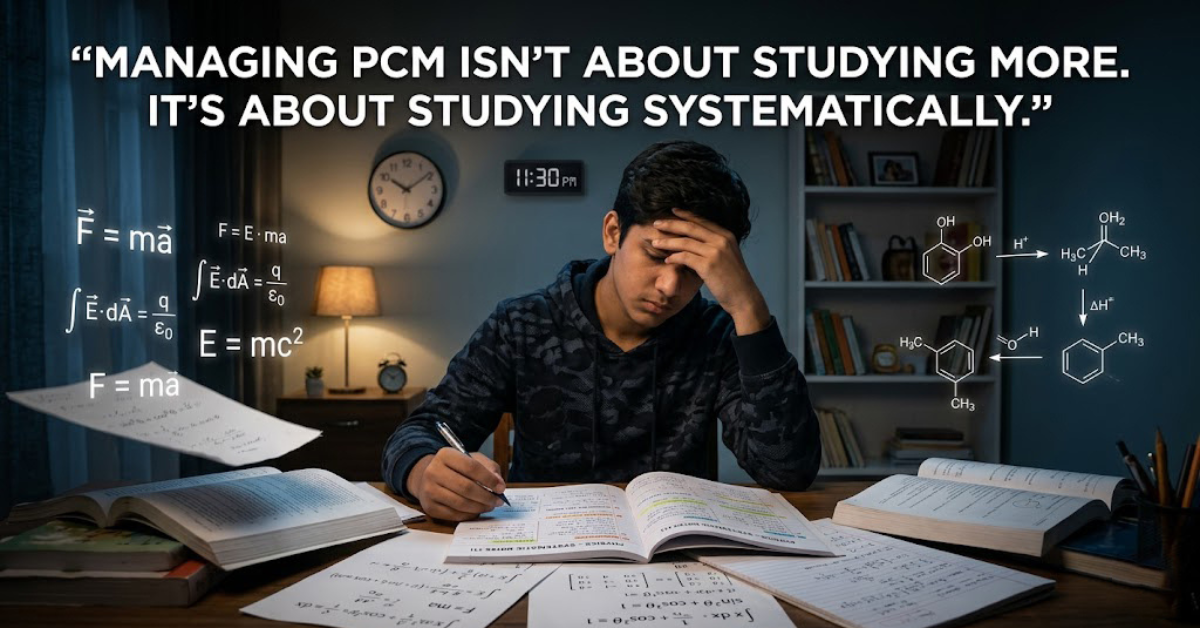 Class 11 PCM student studying Physics, Chemistry and Maths late at night with formulas and structured study concept
