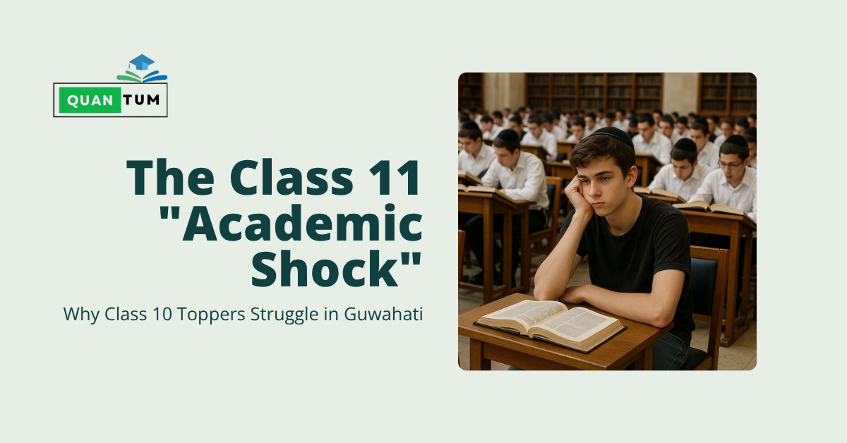 A stressed student looking overwhelmed in a crowded classroom next to text reading "The Class 11 Academic Shock: Why Class 10 Toppers Struggle in Guwahati" with the Quantum Education logo.