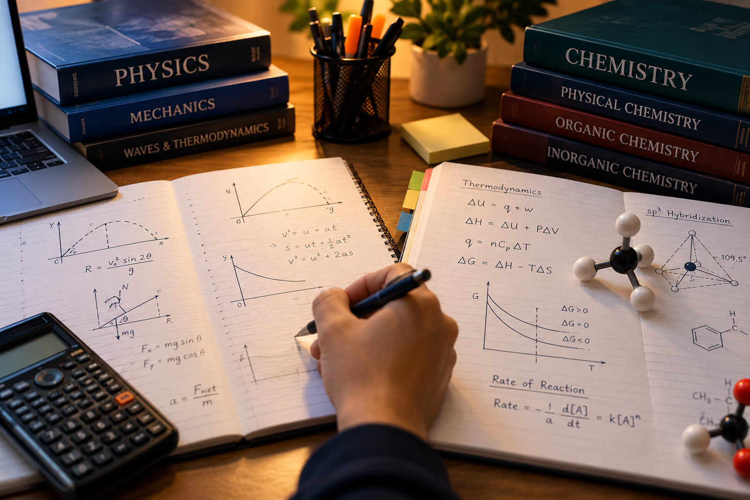 Class 11 Physics and Chemistry study desk with mechanics diagrams, thermodynamics equations, molecular models, and notebooks for science coaching in Guwahati.